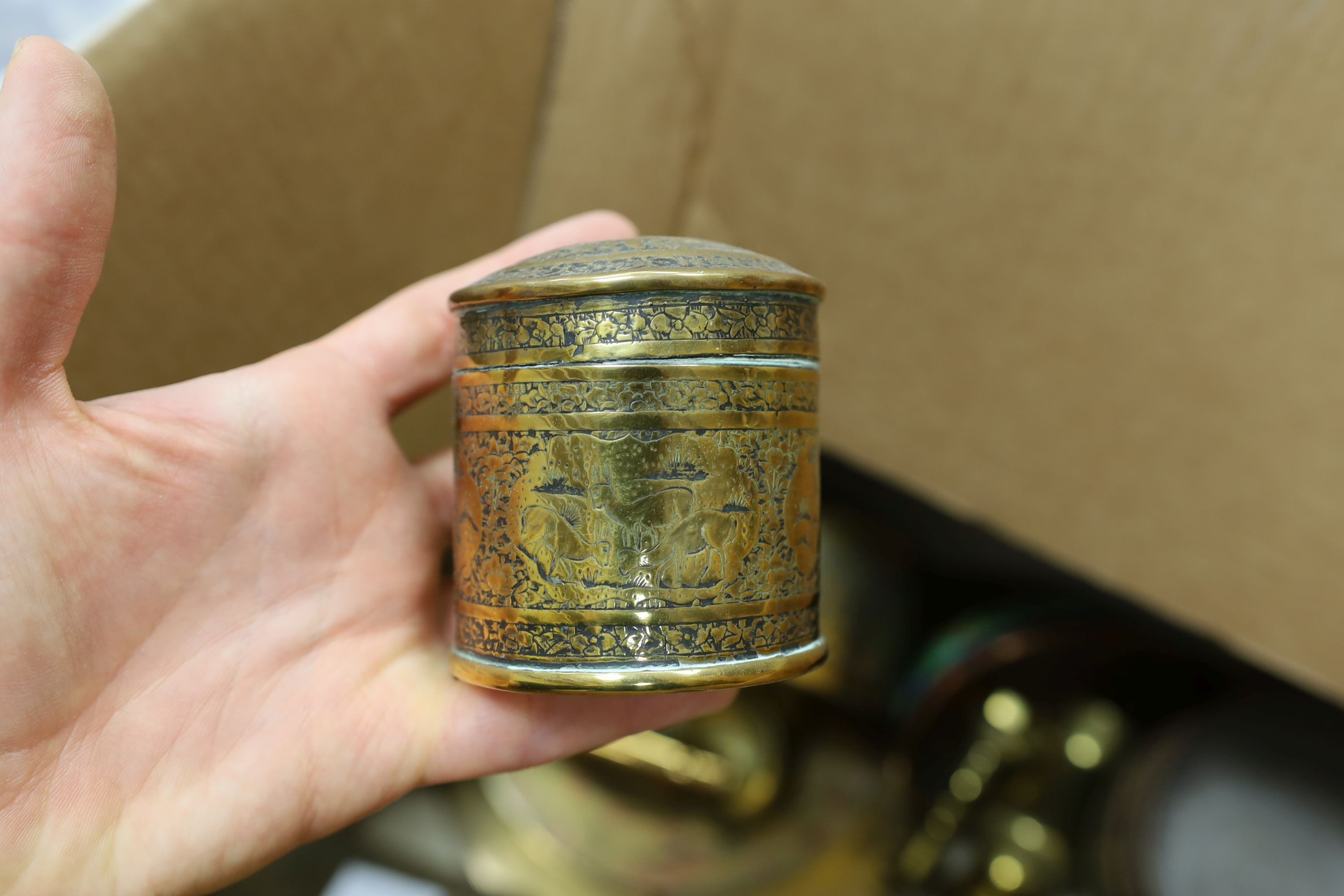 A group of assorted metalware including Indian and Persian trays